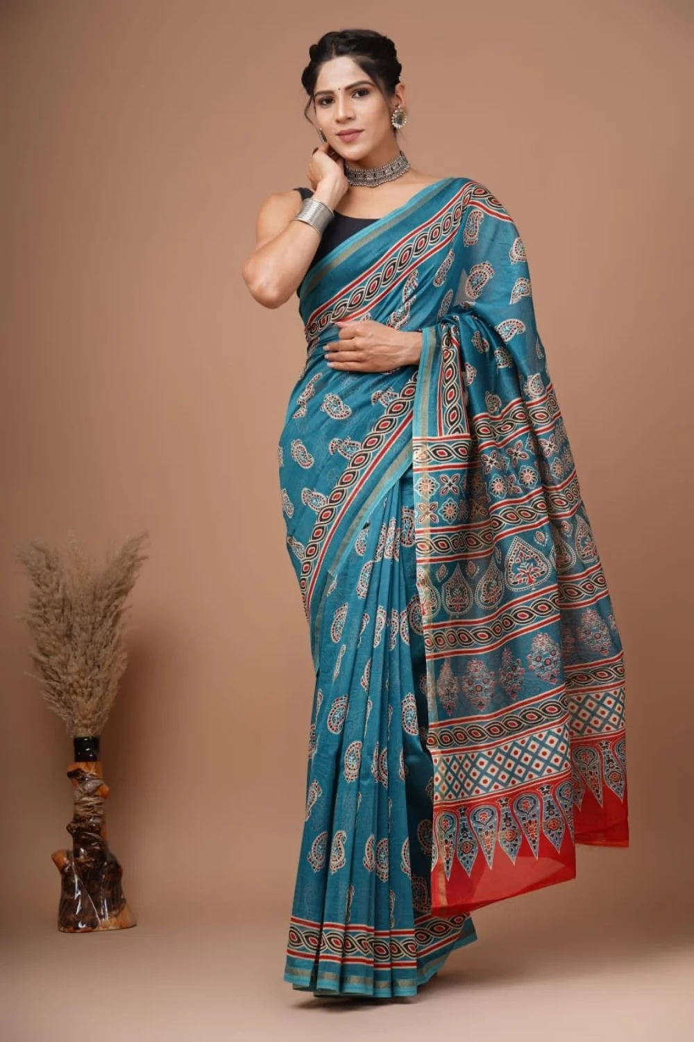 Cyan Handblock Printed Chanderi Silk Saree Poridheo